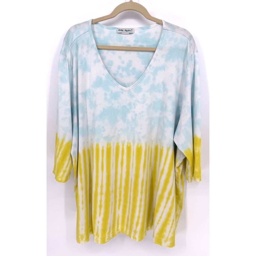 Ulla Popken Blouse Yellow/Blue/White Tie Dye V-neck 3/4‎ Sleeve Top Size 24/26